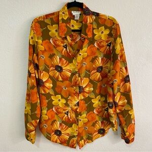 Allison Taylor 100% Silk Floral Blouse Large Orange Yellow Poppy Retro 70s Style
